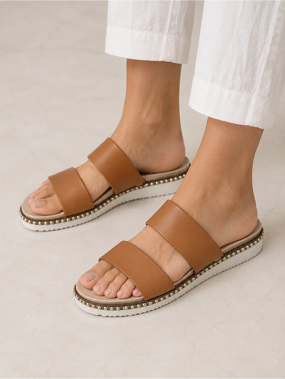 Sam Edelman Asha Cognac Leather Gold Studded Platform Slide Sandals 9M